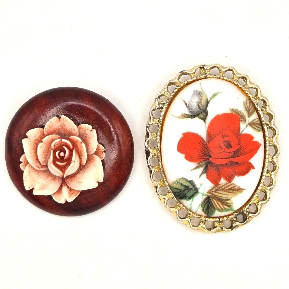 Vintage Floral Brooch Lot  Rose Porcelain Cameo & Carved‎ Redwood Burl w/ Flower